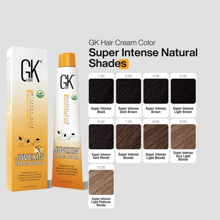 GK Hair Cream Color Super Intense Natural Shades chart: 100 ml pack and 9 swatches, 1.00 Black to 10.00 Light Platinum Blonde