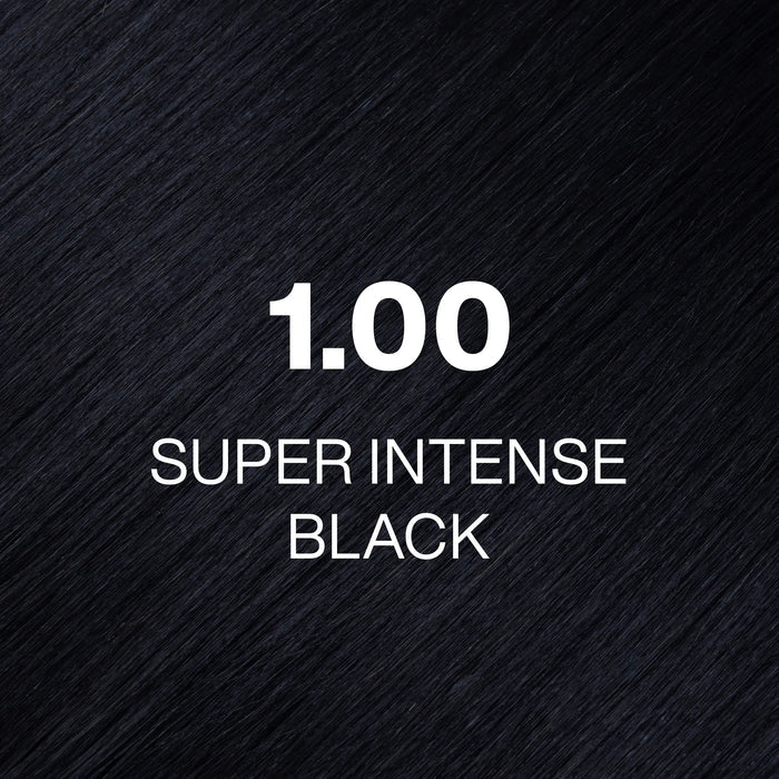 GK Hair Juvexin Cream Color 1.00 Super Intense Black hair color swatch, glossy blue-black strands filling the frame