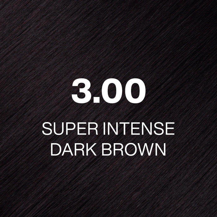GK Hair Juvexin Cream Color 3.00 Super Intense Dark Brown hair color swatch, very dark cool brown strands filling the frame