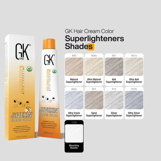 GK Hair Cream Color Superlighteners Shades chart: 100 ml pack and nine swatches running 900 Natural to 1000 Bleaching Booster