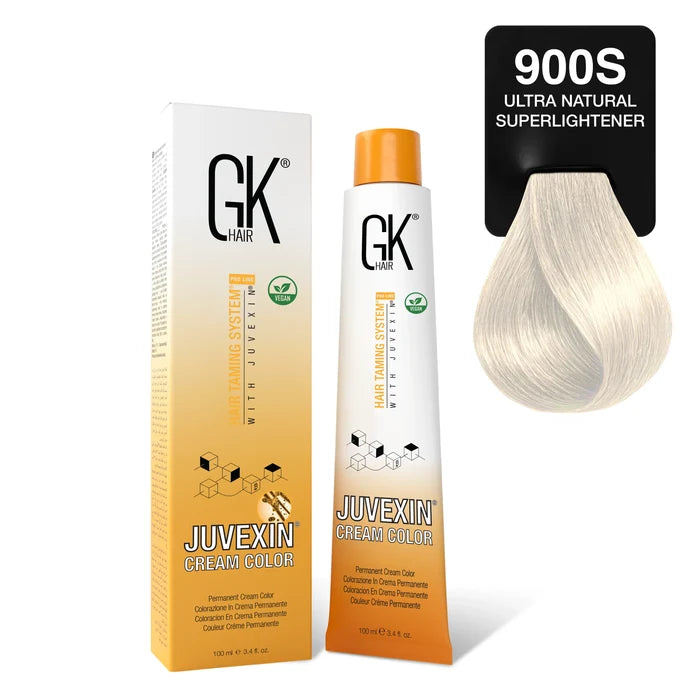 GK Hair Juvexin Cream Color Superlighteners 900S Ultra Natural Superlightener 100 ml pack with creamy white-blonde swatch