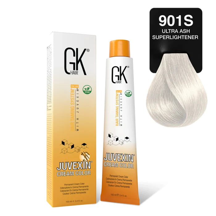 GK Hair Juvexin Cream Color Superlighteners 901S Ultra Ash Superlightener 100 ml carton and tube with icy white swatch