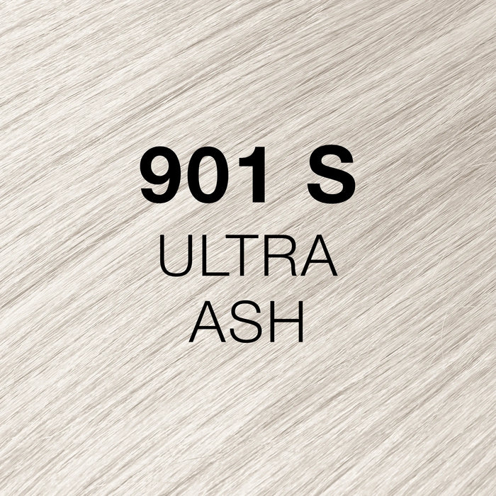 GK Hair Juvexin Cream Color Superlighteners shade tile 901 S Ultra Ash lettered over bright white-blonde hair