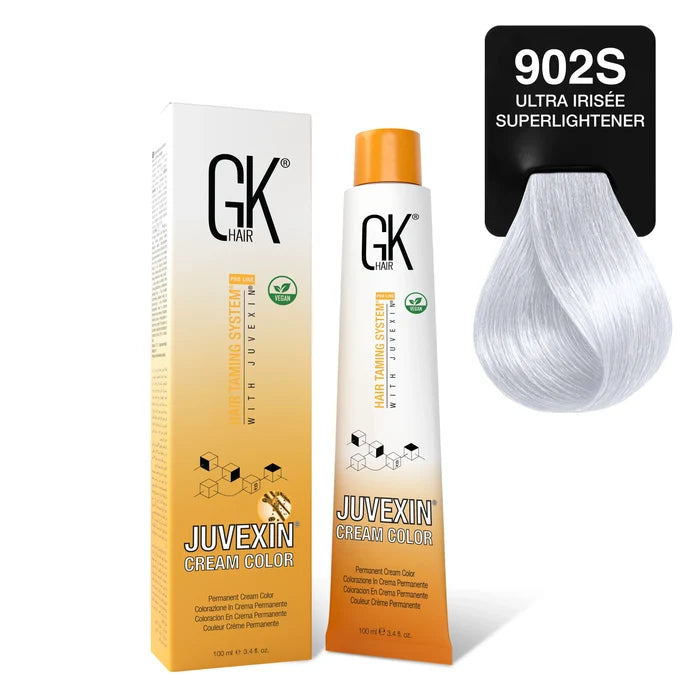 GK Hair Juvexin Cream Color Superlighteners 902S Ultra Irisee Superlightener 100 ml pack with icy violet-silver swatch