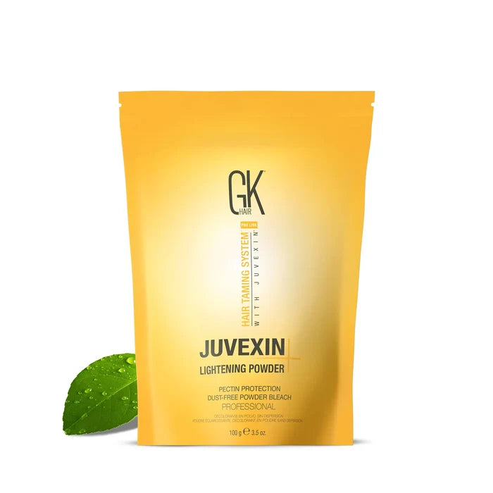 GK Hair Juvexin Lightening Powder+ in the smaller 100 g yellow pouch, dust-free powder bleach, with a dewy green leaf