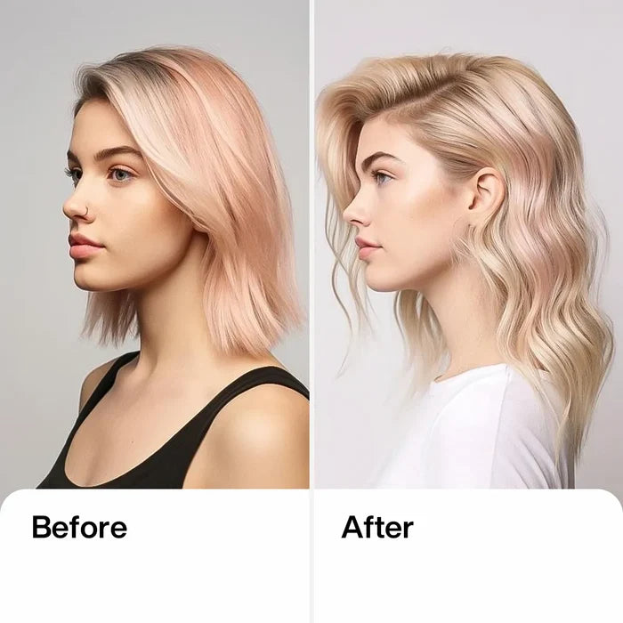 Juvexin Lightening Powder+ before and after: left a dull rose-blonde bob with dark roots, right brighter wavy blonde
