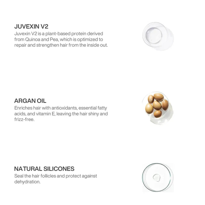 Ingredient panel for Juvexin Lightening Powder+: Juvexin V2 quinoa and pea protein, argan oil, and natural silicones