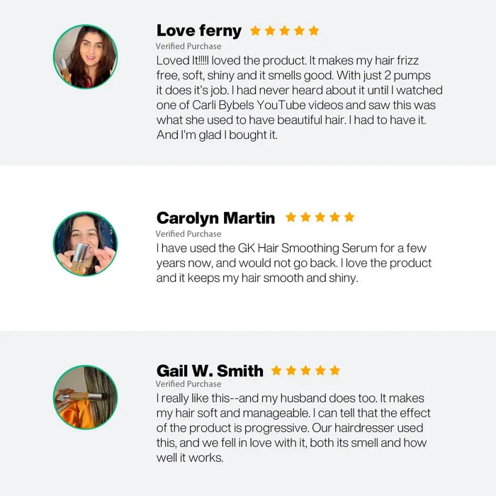Three five-star verified reviews on the Juvexin Lightening Powder+ page praising soft, shiny, frizz-free hair and good smell