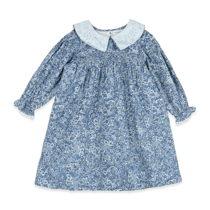 Kate Embroidered Collar Girl Dress - Blue (Organic Cotton) - Front