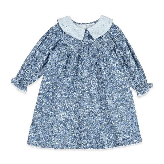 Kate Embroidered Collar Girl Dress - Blue (Organic Cotton) - Front