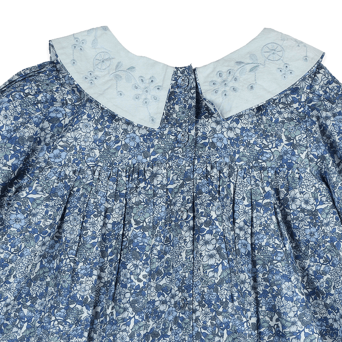 Kate Embroidered Collar Girl Dress - Blue (Organic Cotton) - Detail