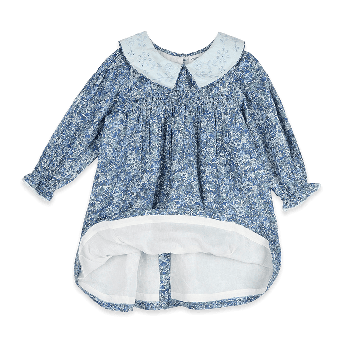 Kate Embroidered Collar Girl Dress - Blue (Organic Cotton) - Voile Lining