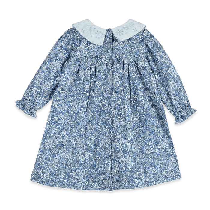 Kate Embroidered Collar Girl Dress - Blue (Organic Cotton) - Back
