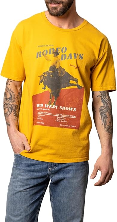 Men's yellow graphic T-shirt with large western cowboy artwork on the front