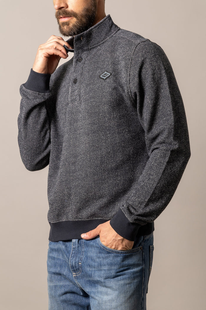 Charcoal heather gray men's quarter-snap mock-neck sweatshirt, long sleeves, logo patch
