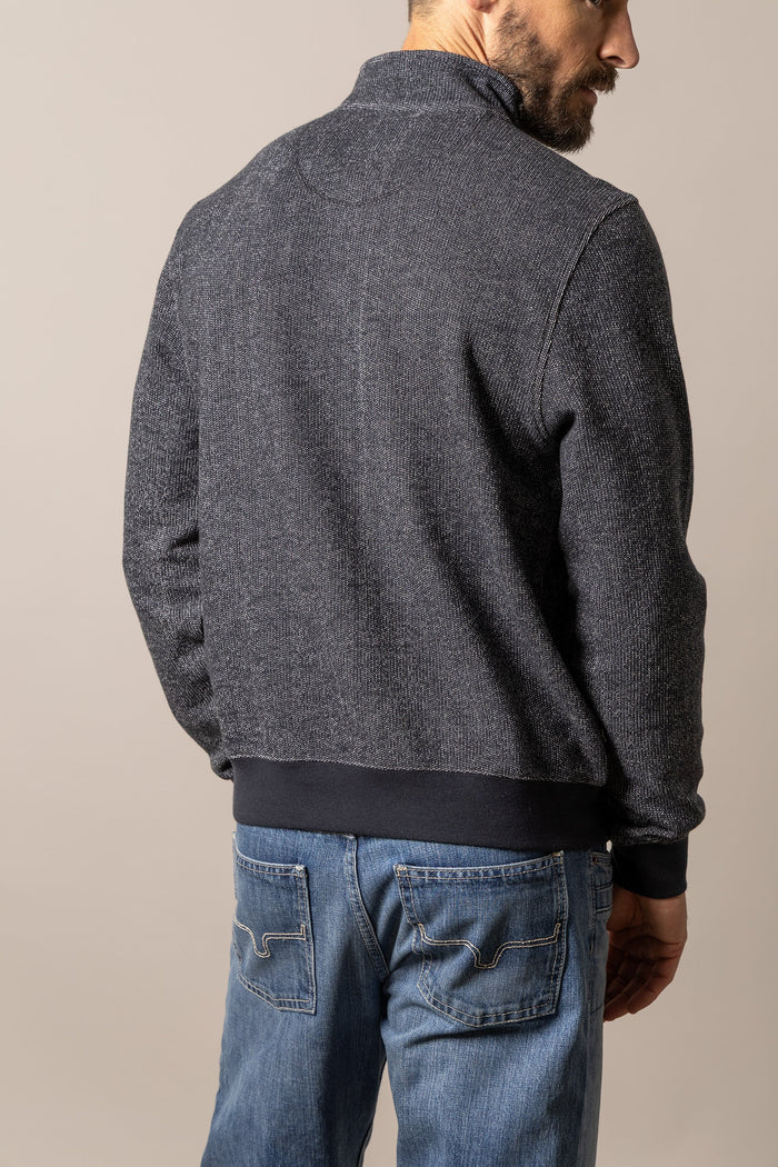 Charcoal heather gray men's sweatshirt, back view, stand collar, long sleeves