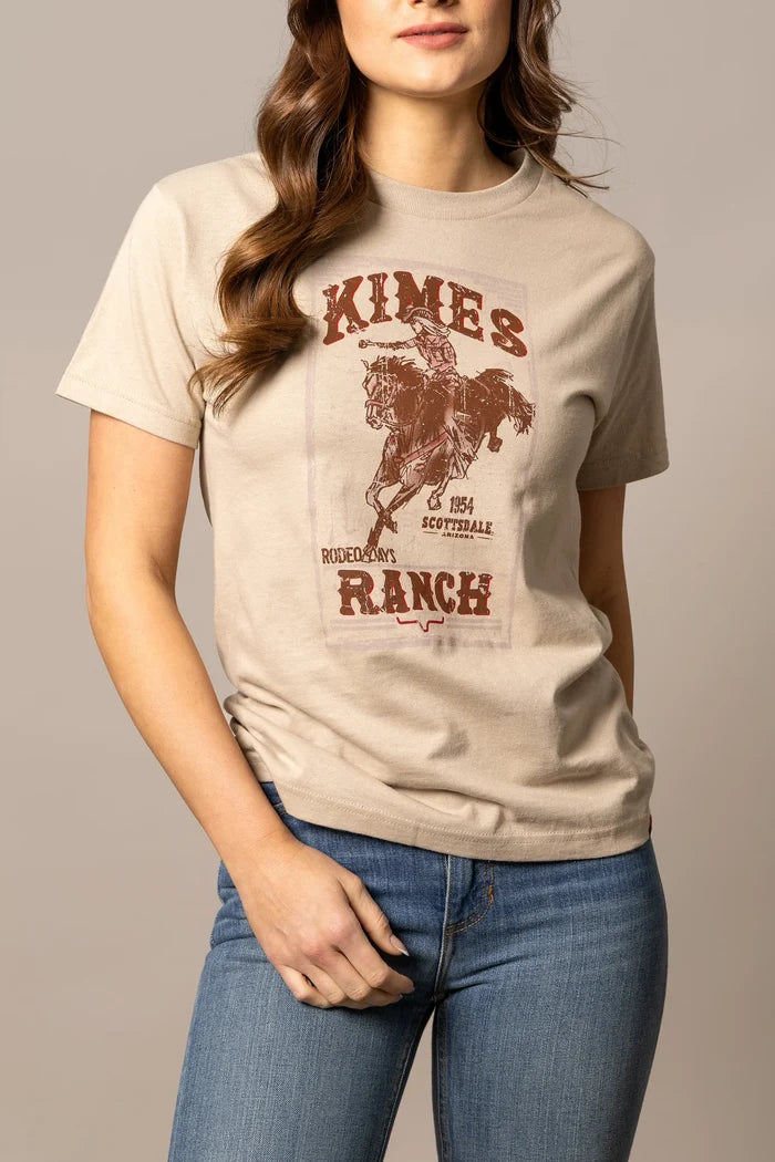 Beige graphic T-shirt with Kimes rodeo ranch cowboy print, crew neck short sleeves