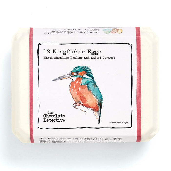 Pack of '12 Kingfisher Eggs' chocolate truffles with a bird illustration on the packaging.