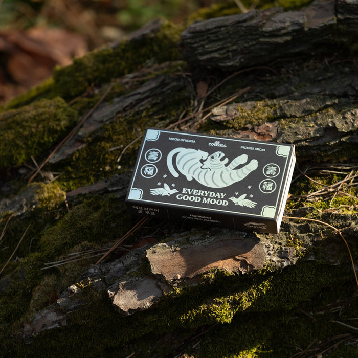 Box of Korean incense sticks labeled “Everyday Good Mood” resting on moss-covered tree bark, atmospheric fragrance product photography in a natural forest setting.