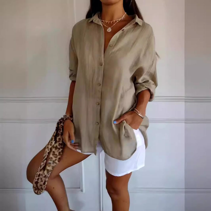 Lapel Long Sleeve Shirt Women's Single-breasted Pleated Shirt Tops Clothing