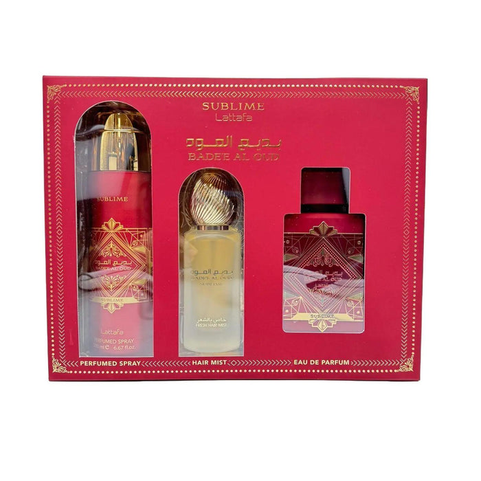 Lattafa | Badee Al Oud | Sublime Gift Set | 50 ML - 200 ML | Eau De Parfum + Perfumed Body Spray | Tropical - Vanilla & Rose