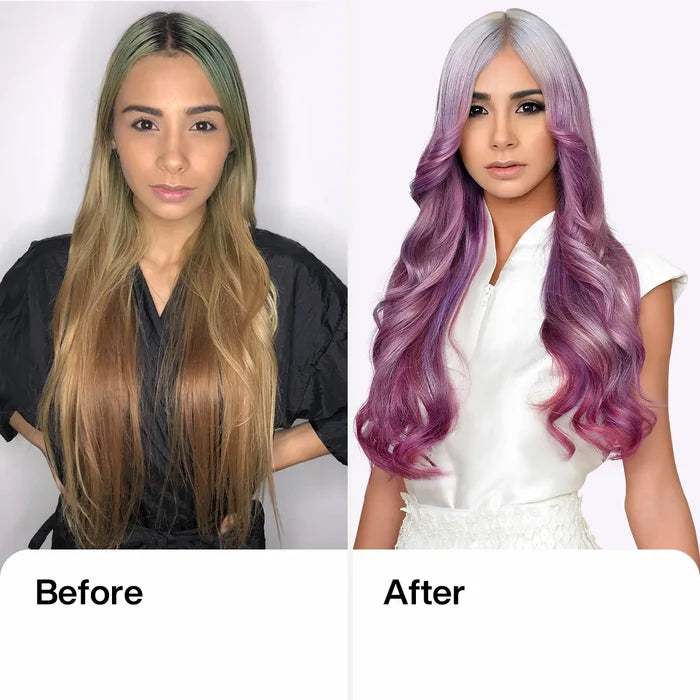 Lavender Bombshell Masque before and after: left long brassy blonde with green roots, right silver roots into deep purple waves