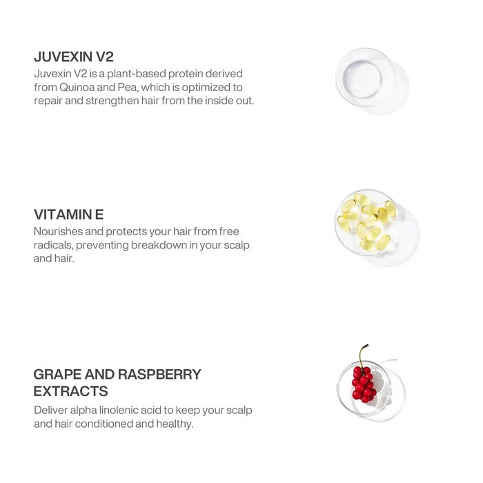 Ingredient panel for Lavender Bombshell Masque: Juvexin V2 quinoa and pea protein, vitamin E, grape and raspberry extracts