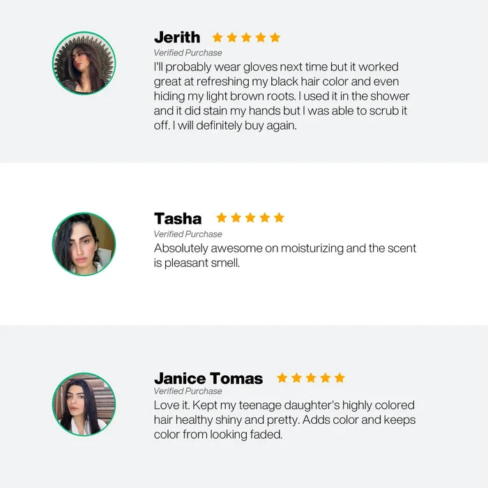 Three five-star verified reviews of the Lavender Bombshell Masque: refreshes color, hides roots, moisturizes, but stained hands