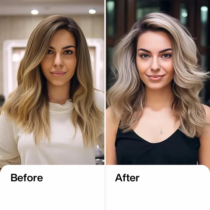 Leave-In Bombshell Cream before and after: left flat dark-rooted blonde, right brighter cool ash-blonde with volume and waves