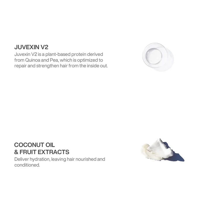 Ingredient panel for the Leave-In Bombshell Cream: Juvexin V2 quinoa and pea protein, plus coconut oil and fruit extracts