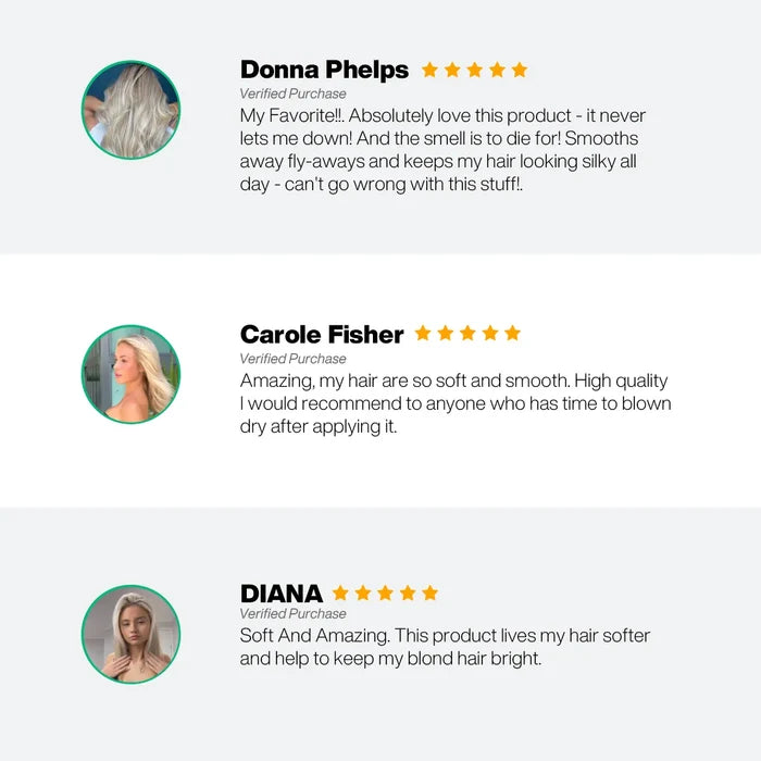 Three five-star verified reviews of the Leave-In Bombshell Cream: smooths fly-aways, silky soft hair, keeps blond hair bright