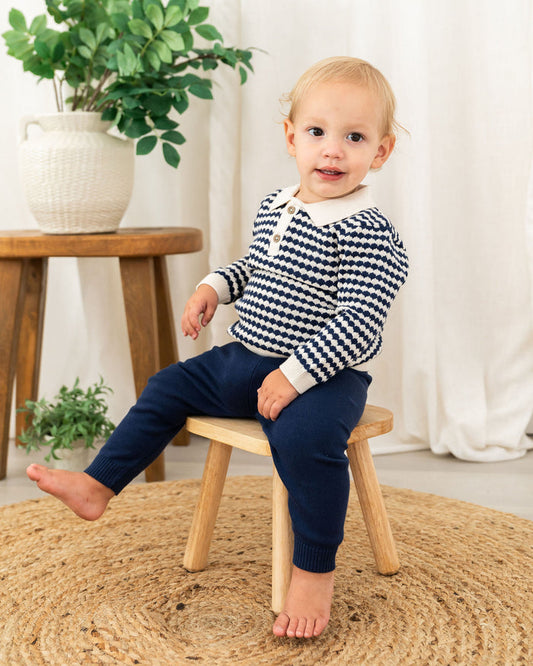 Viverano Leo Textured Knit Polo Organic Baby Pullover & Pant Outfit Set