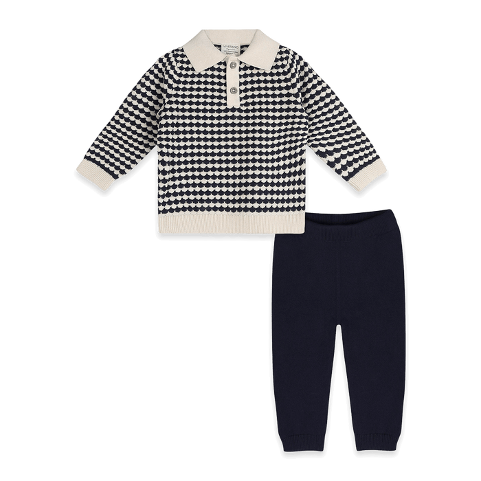 Leo Textured Knit Polo Baby Pullover and Pant Set, Organic Cotton