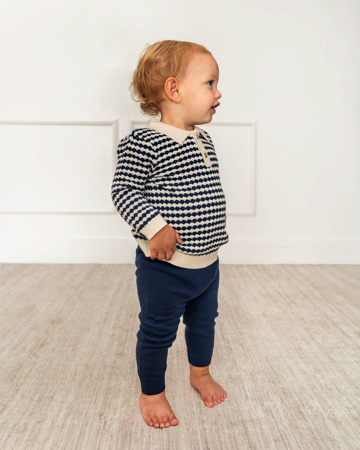 Viverano Leo Textured Knit Polo Organic Baby Pullover & Pant Set