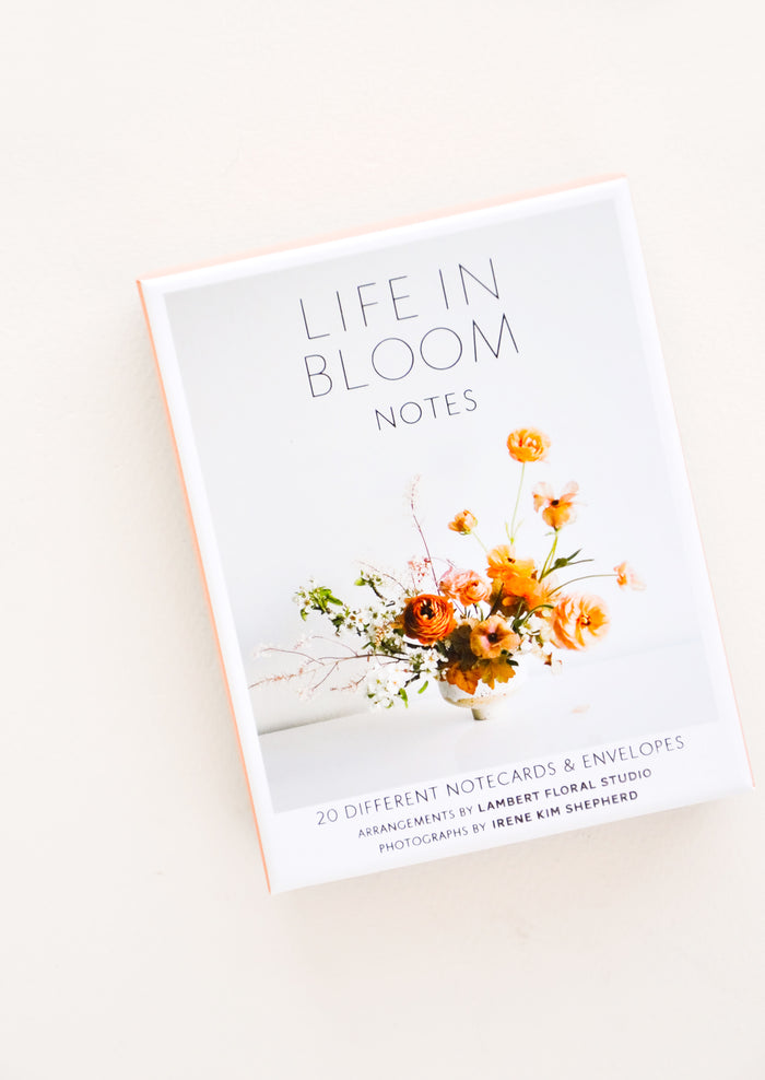 Outside of the box of floral notecards featuring text "Life in Bloom".