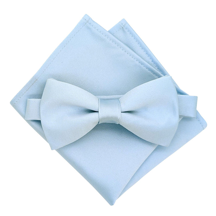 Light Blue Pocket Square - Satin Finish | 100% Polyester paired with matching bow tie, perfect for coordinated wedding attire.