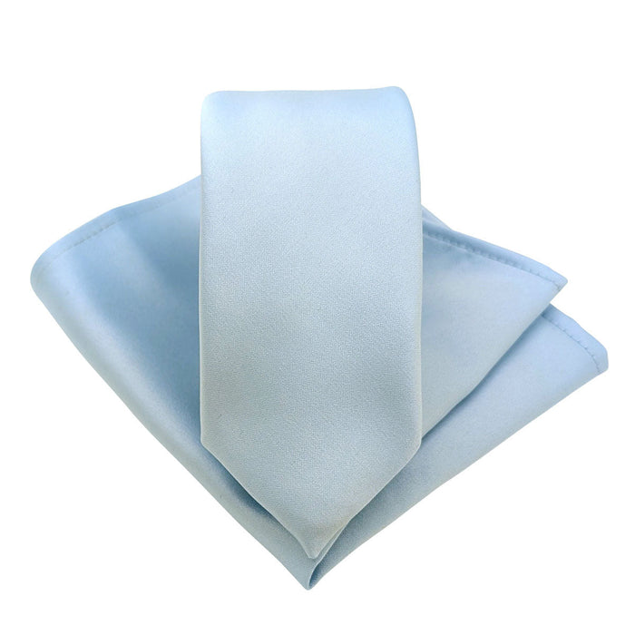 Light Blue Pocket Square - Satin Finish | 100% Polyester shown with matching necktie, ideal for formal events and groomsmen outfits.