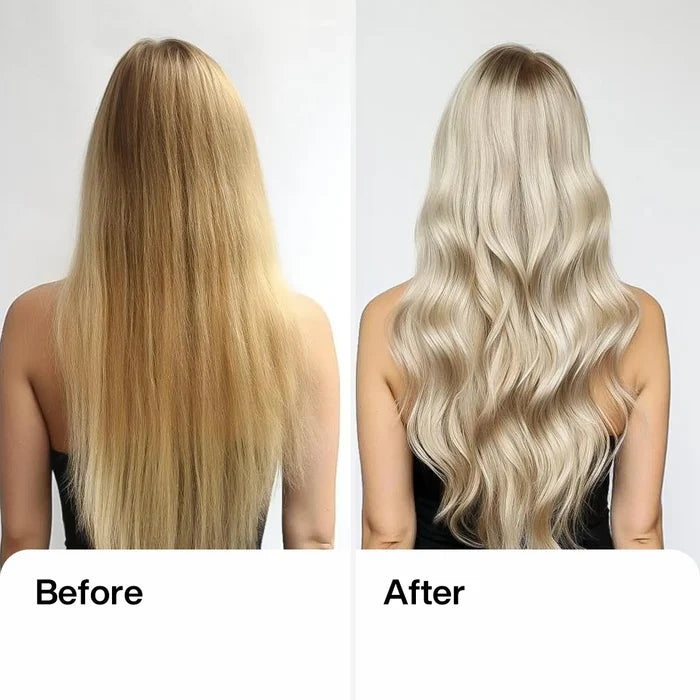 GK Hair Lightening Powder Masque before and after: brassy golden blonde left, pale platinum waves right, seen from behind