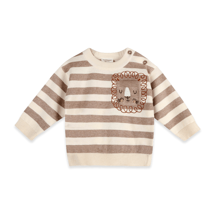 Organic Cotton Lion Baby Knit Pullover and Pant Set, Shirt Front