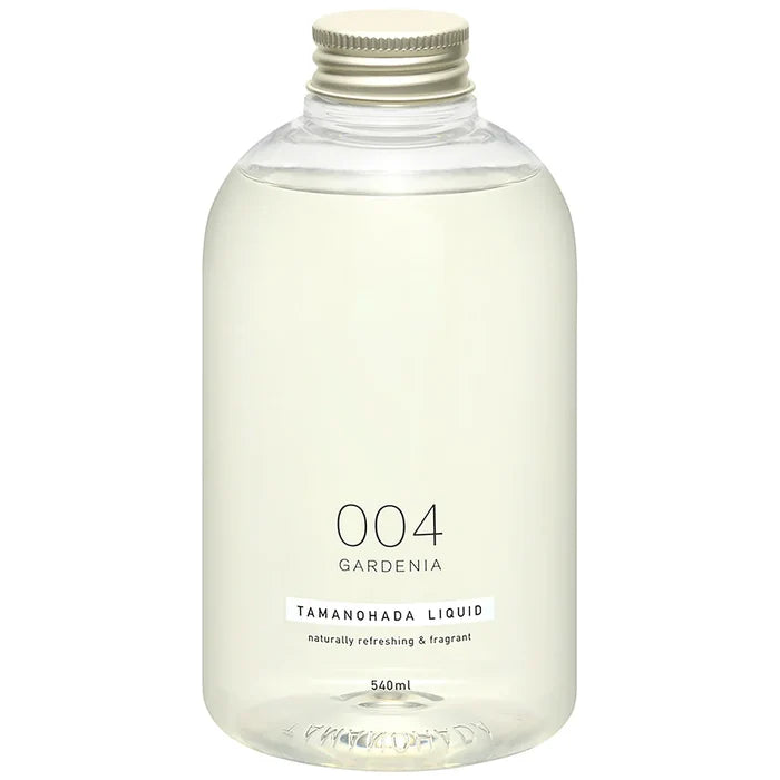 Clear bottle labeled '004 Gardenia' with a white cap on a white background