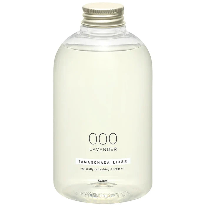 Clear bottle of Tamanohada Lavender liquid on a white background