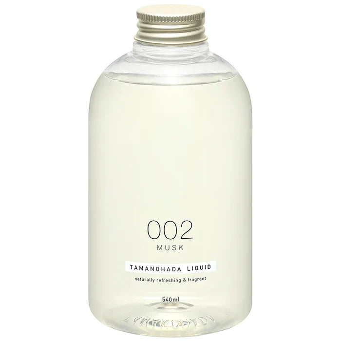 Clear bottle labeled '002 Musk' with a white cap on a white background