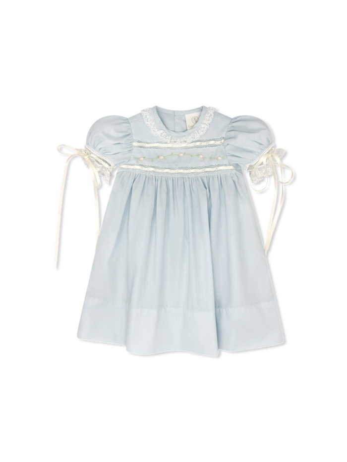 Lullaby Set Tiny Town Floral Emb. Batiste Dress-Blue
