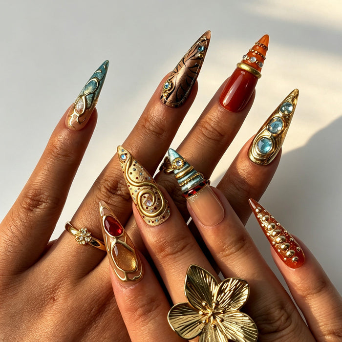 Maillard tone luxury stiletto press‑on nails real hand shot gold gem details