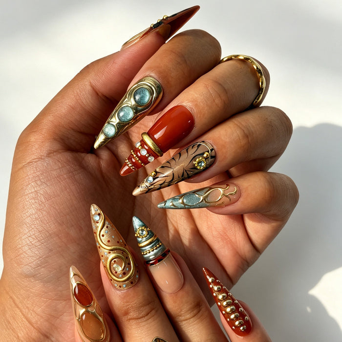 Retro amber orange french tip press‑on nails Maillard Gilt close‑up