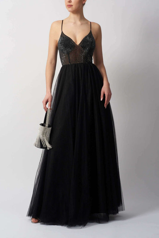 Pink Beaded Tulle Mascara MC295110 in black with glitter bodice and tulle skirt, ideal for prom or bridesmaid glam look.