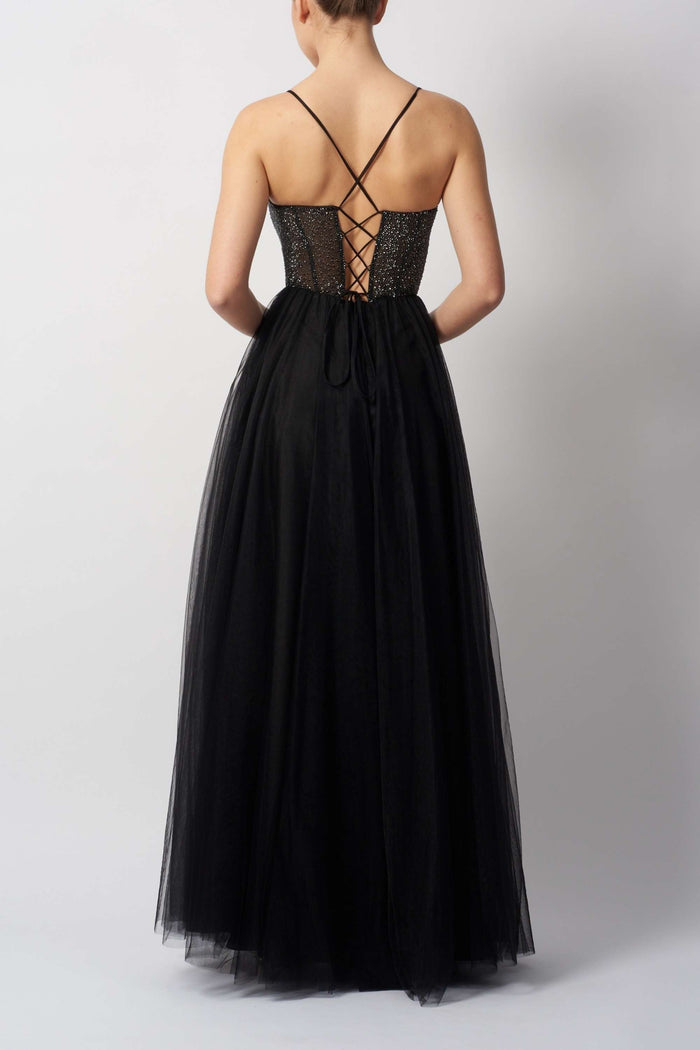Back view of Pink Beaded Tulle Mascara MC295110 in black featuring lace-up corset and flowing tulle skirt for elegant evening wear.