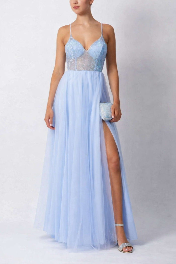 Sky Blue Prom Ball Gown MC295510 with beaded bodice, thigh-high slit, and tulle skirt. Elegant choice for prom or formal events.