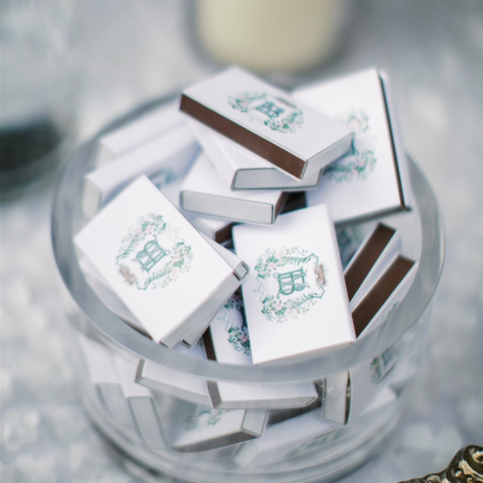 personalized wedding crest on matchbox
