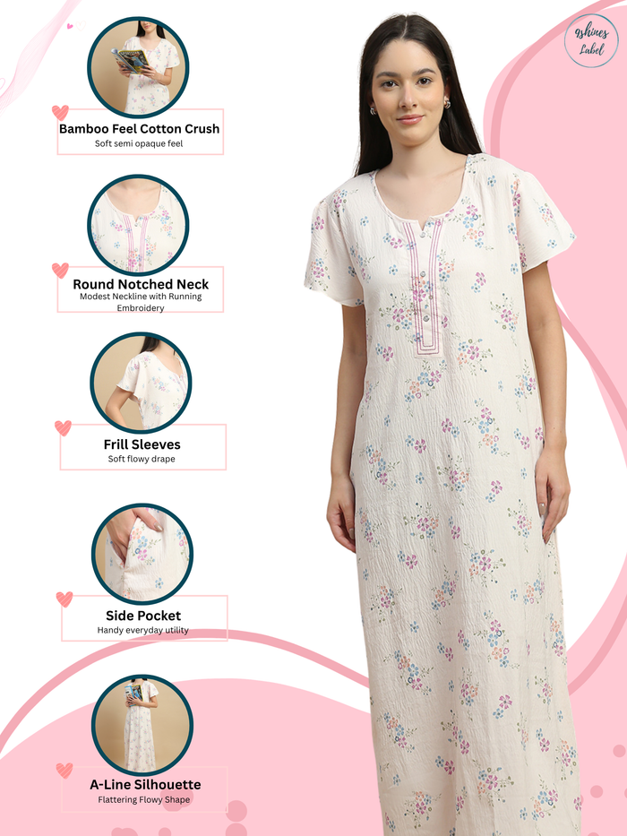 Peach floral night gown for women with an elegant and lightweight design